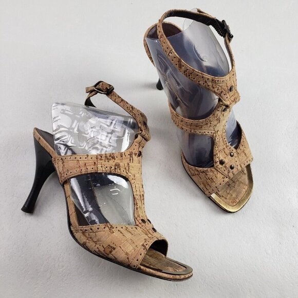 Donald Pliner Naiya Cork Heel Womens 6 Brown Stiletto T Strap Open Toe Italy - Picture 1 of 13